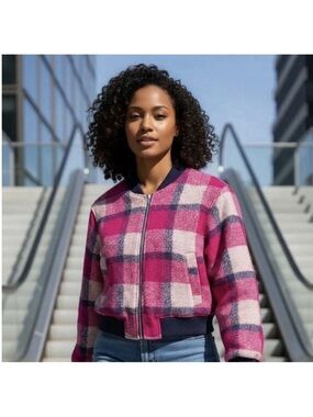 House Of Harlow 1960 Wool Plaid Pink and Blue Cropped Bomber Jacket